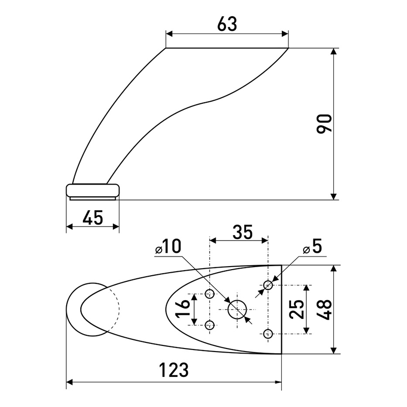 Опора меб.90 мм гнутая 1,0мм. хром (1/100) 125-263