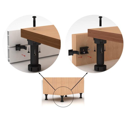 Опора кухонная 100 мм неразборная под саморезы  регулируемая 95-130 мм пластик черная (150) 125-319