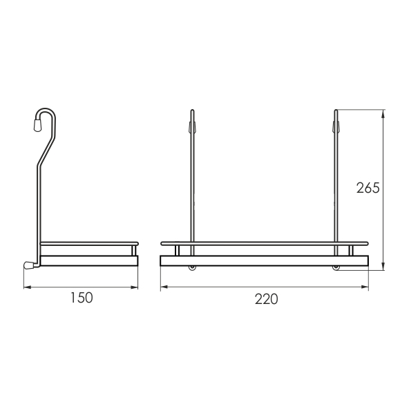 Полка одинарная с мини бортиком для рейлинга d-16 мм SOLLER 220*150*265 мм 183-045