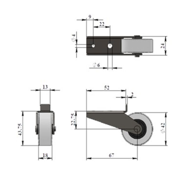 Опора роликовая №422 резиновое колесо