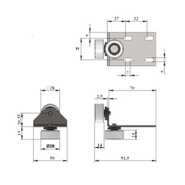 Опора роликовая №2822 угловая резиновое колесо